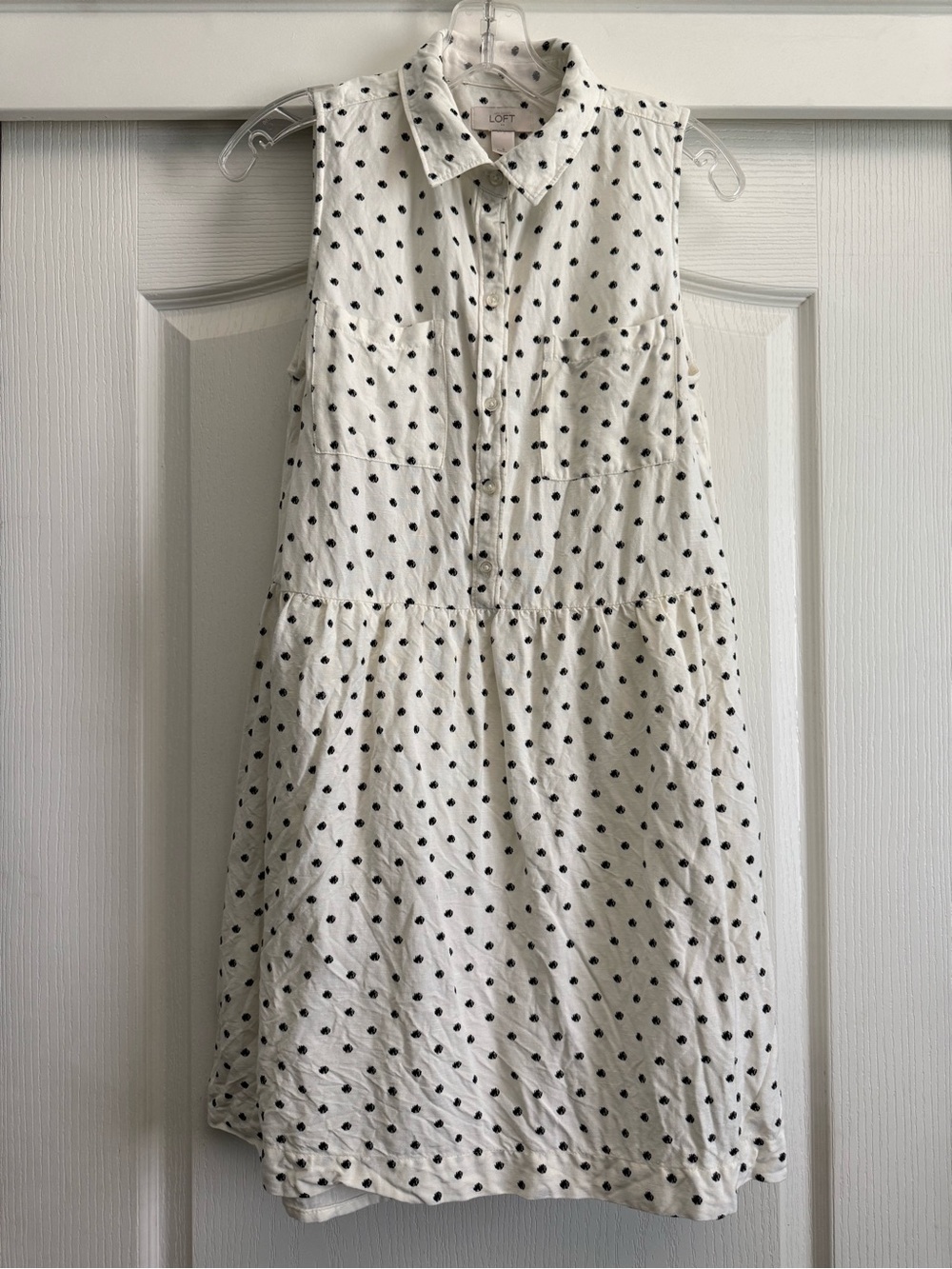 LOFT Women's White Black Polka Dot Button Front Knee-Length Dress